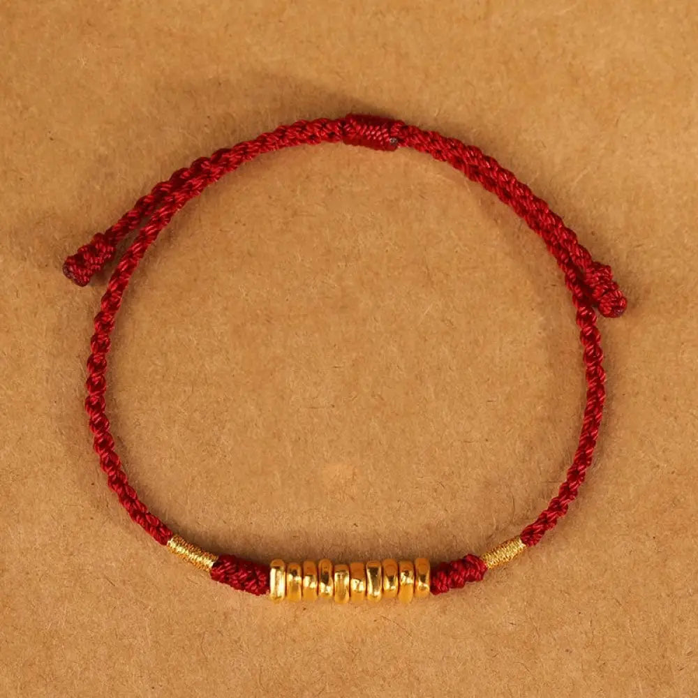 Buddha Stones 999 Gold Small Pieces String Protection Luck Ultra-Thin Braided Bracelet - BWOOOH - Dark Red Rope(Wrist