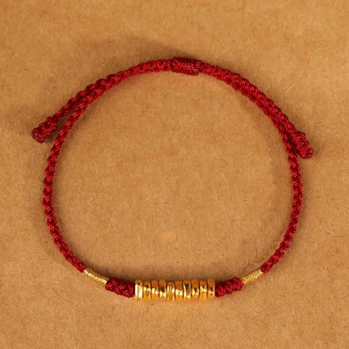 Buddha Stones 999 Gold Small Pieces String Protection Luck Ultra-Thin Braided Bracelet - BWOOOH - Dark Red Rope(Wrist