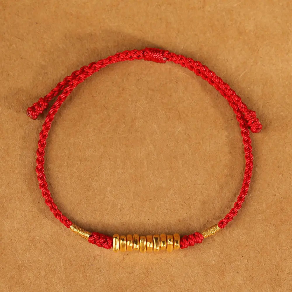 Buddha Stones 999 Gold Small Pieces String Protection Luck Ultra-Thin Braided Bracelet - BWOOOH - Red Rope(Wrist