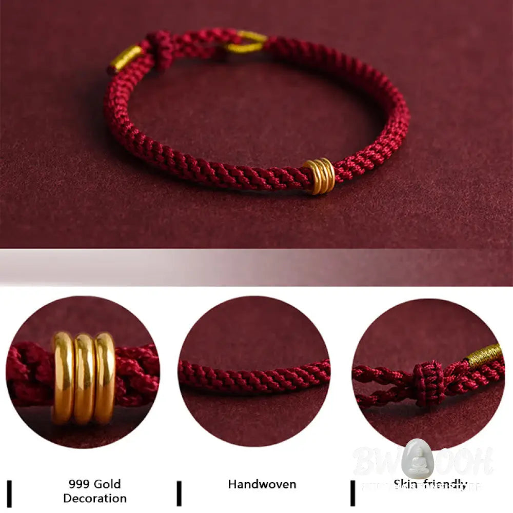 Buddha Stones 999 Gold Triple Ring Design Handmade Connection Braided Rope Bracelet - BWOOOH - Bracelet