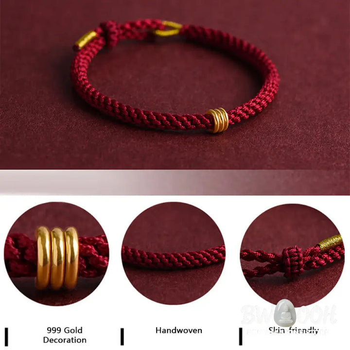 Buddha Stones 999 Gold Triple Ring Design Handmade Connection Braided Rope Bracelet - BWOOOH - Bracelet