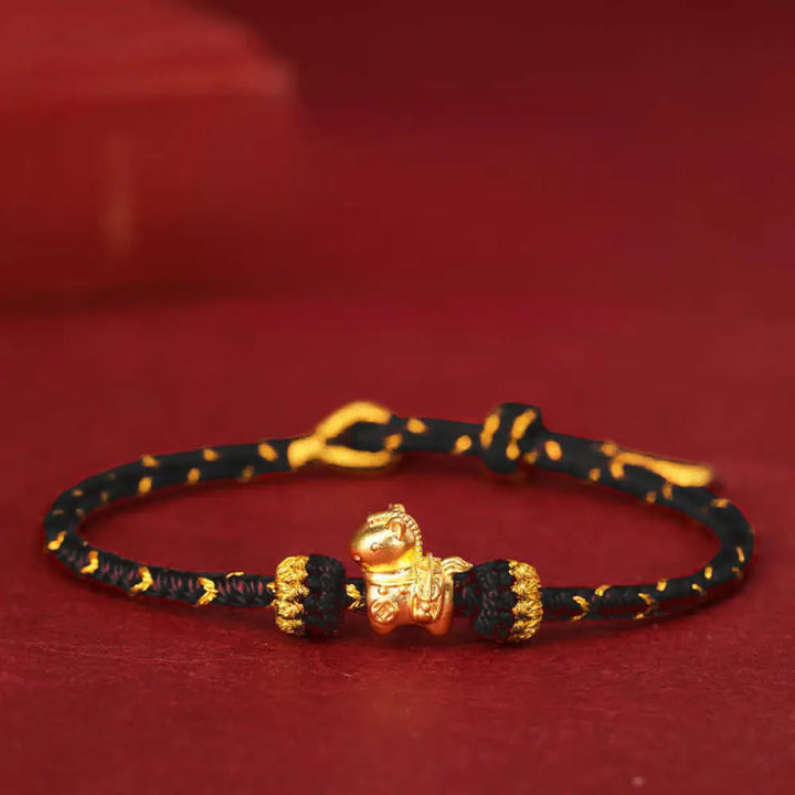 Buddha Stones 999 Gold Year Of The Horse Braided String Rope Luck Adjustable Bracelet - Black Rope / 999 Gold 0.32g