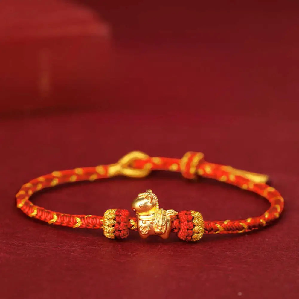 Buddha Stones 999 Gold Year Of The Horse Braided String Rope Luck Adjustable Bracelet - Red Rope / 999 Gold 0.32g