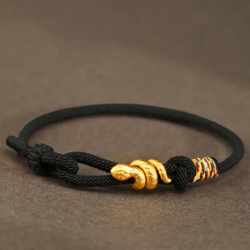 Buddha Stones 999 Gold Year of the Snake Design Handmade Luck Protection Rope Braided Bracelet - BWOOOH - Black