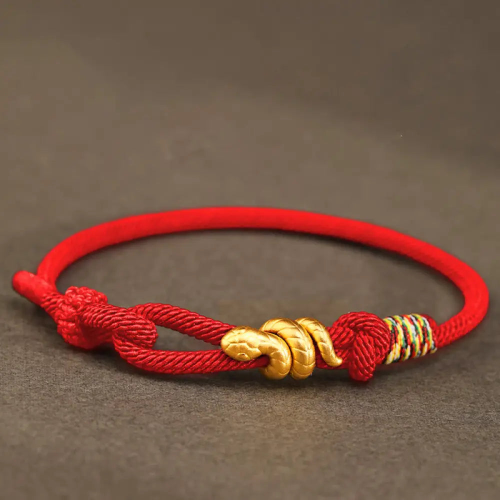 Buddha Stones 999 Gold Year of the Snake Design Handmade Luck Protection Rope Braided Bracelet - BWOOOH - Red / 14-16cm