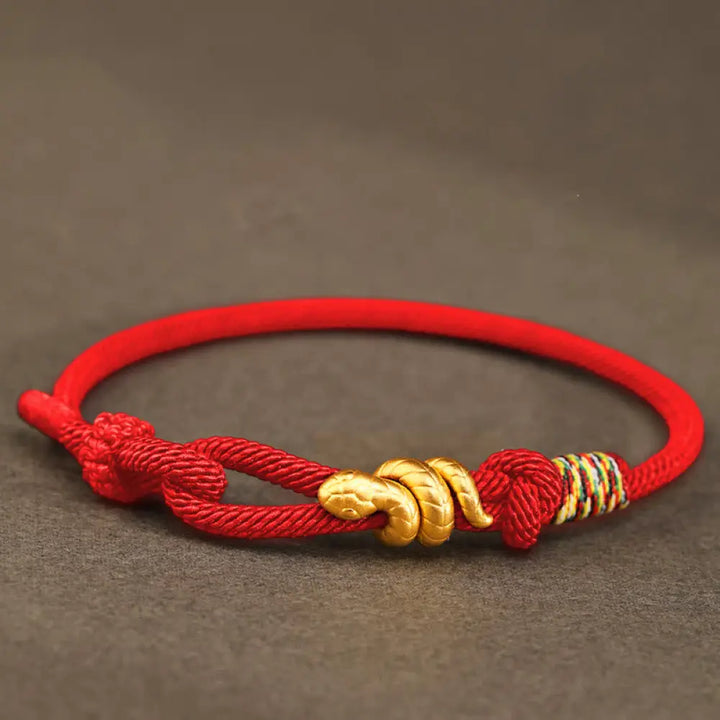 Buddha Stones 999 Gold Year of the Snake Design Handmade Luck Protection Rope Braided Bracelet - BWOOOH - Red / 14-16cm