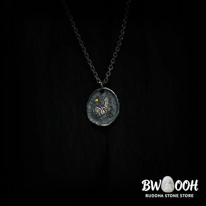Buddha Stones 999 Sterling Silver 24k Gold Crane Auspicious Clouds Balance Necklace Pendant - BWOOOH - Necklaces &amp;