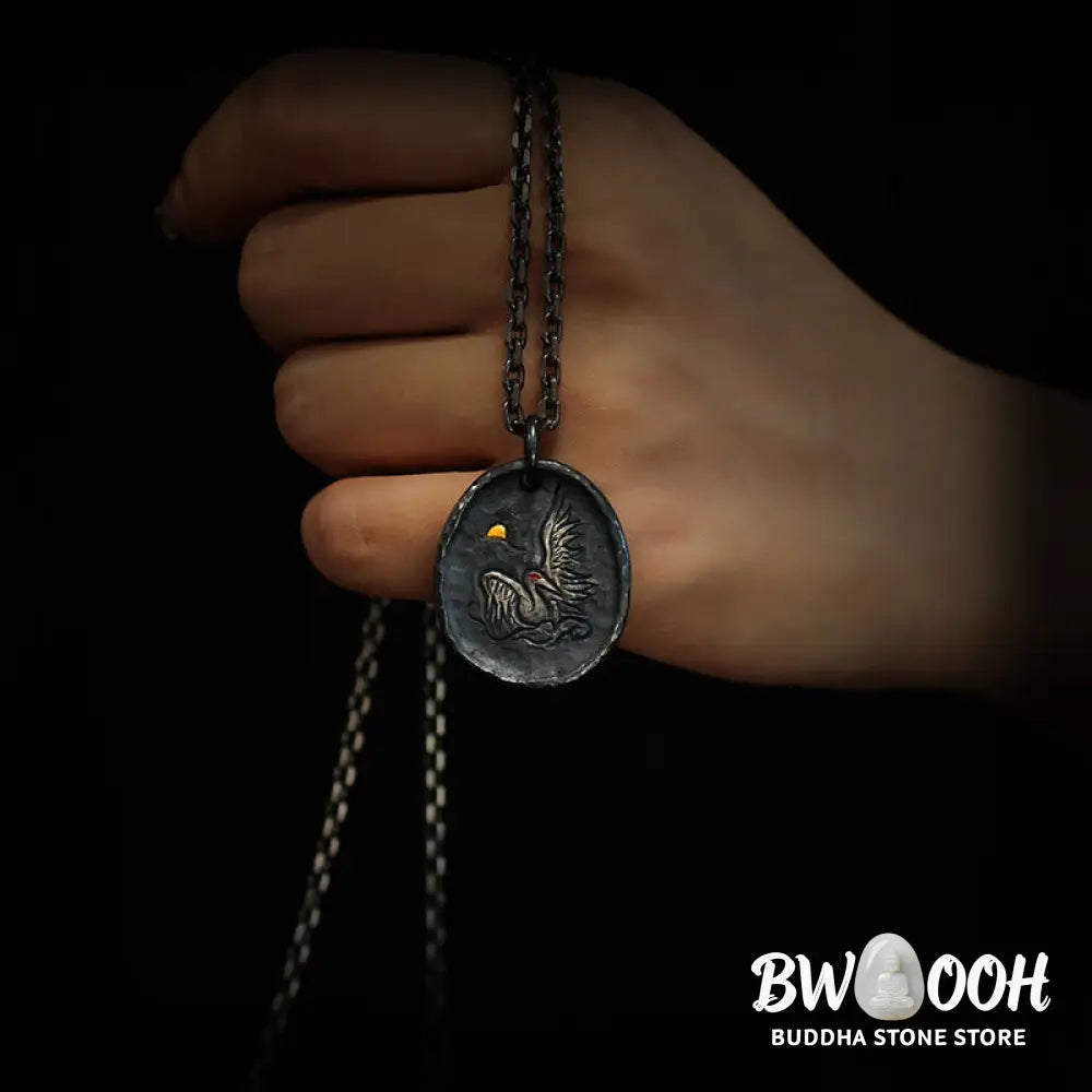 Buddha Stones 999 Sterling Silver 24k Gold Crane Auspicious Clouds Balance Necklace Pendant - BWOOOH - Necklaces &amp;
