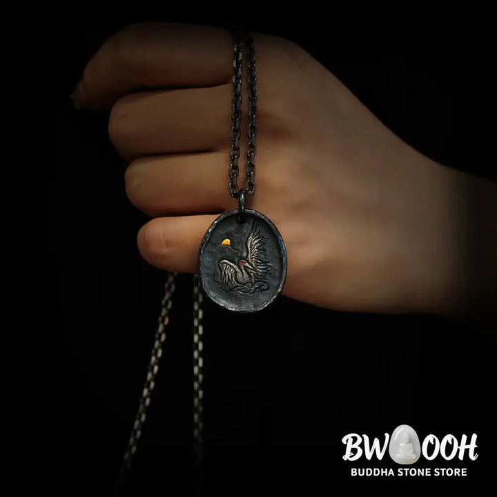 Buddha Stones 999 Sterling Silver 24k Gold Crane Auspicious Clouds Balance Necklace Pendant - BWOOOH - Necklaces &amp;