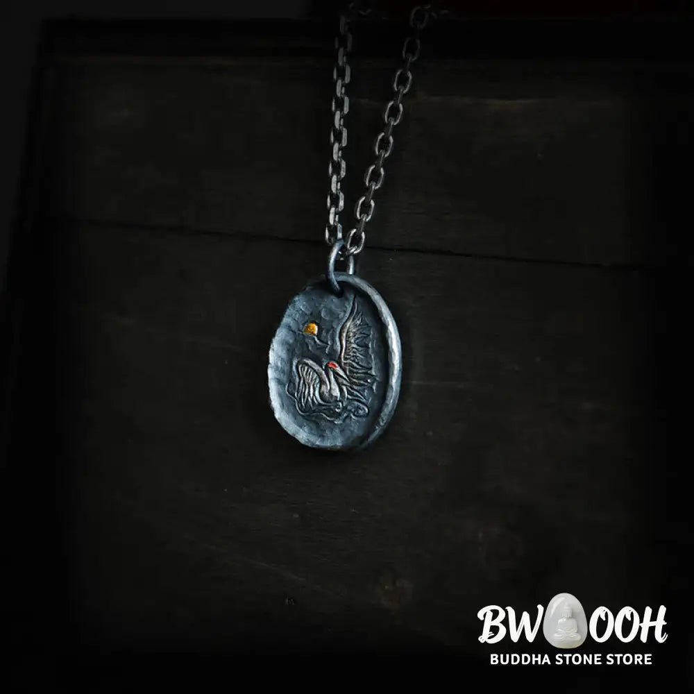 Buddha Stones 999 Sterling Silver 24k Gold Crane Auspicious Clouds Balance Necklace Pendant - BWOOOH - Necklaces &amp;