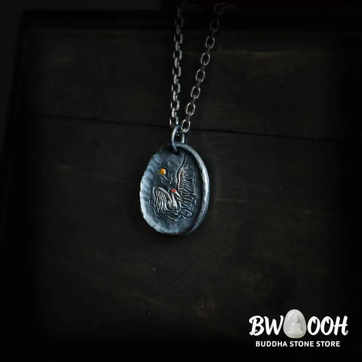 Buddha Stones 999 Sterling Silver 24k Gold Crane Auspicious Clouds Balance Necklace Pendant - BWOOOH - Necklaces &amp;