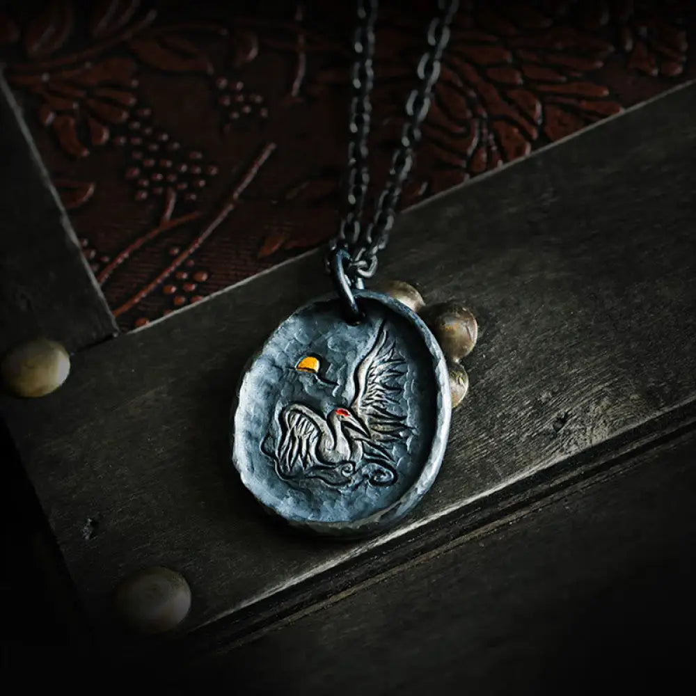 Buddha Stones 999 Sterling Silver 24k Gold Crane Auspicious Clouds Balance Necklace Pendant - BWOOOH - 999 Sterling