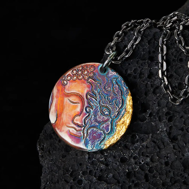 Buddha Stones 999 Sterling Silver 24K Gold Half Demon Half Buddha Compassion Necklace Pendant - BWOOOH - 999 Sterling