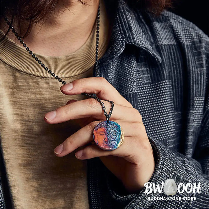 Buddha Stones 999 Sterling Silver 24K Gold Half Demon Half Buddha Compassion Necklace Pendant - BWOOOH - 999 Sterling