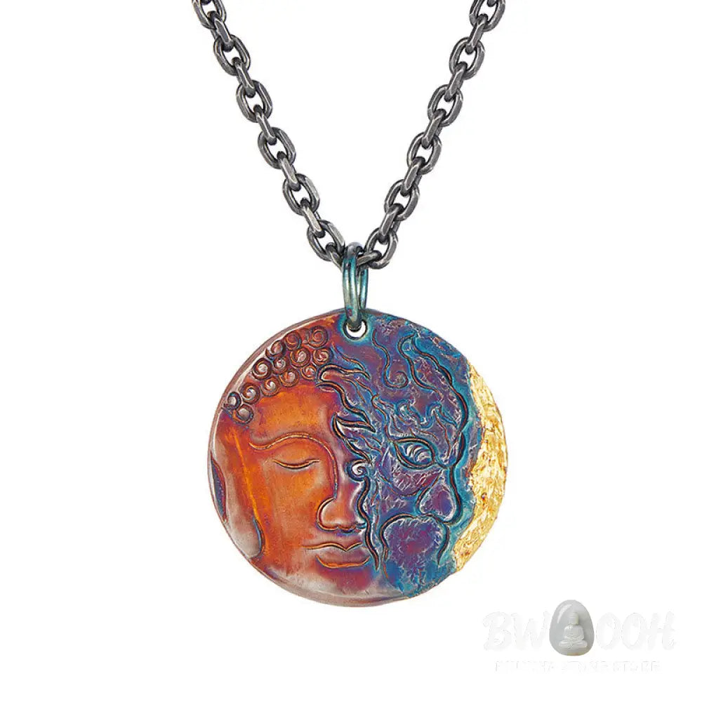 Buddha Stones 999 Sterling Silver 24K Gold Half Demon Half Buddha Compassion Necklace Pendant - BWOOOH - 999 Sterling