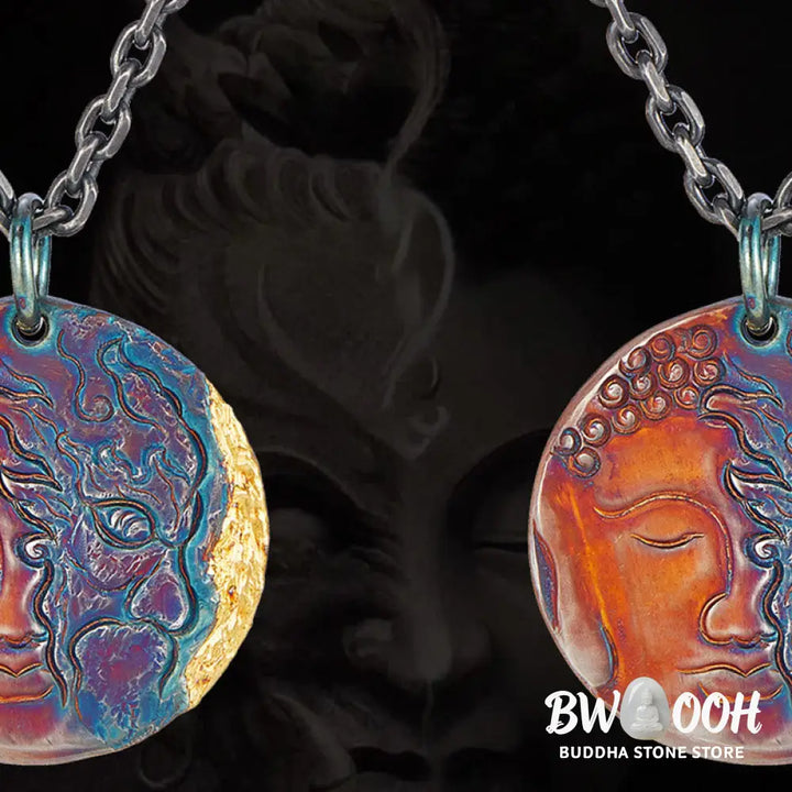 Buddha Stones 999 Sterling Silver 24K Gold Half Demon Half Buddha Compassion Necklace Pendant - BWOOOH - 999 Sterling