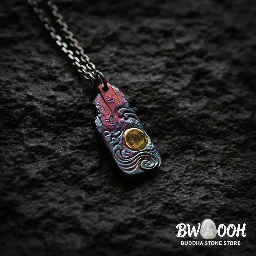 Buddha Stones 999 Sterling Silver 24k Gold Waves Sun Balance Necklace Pendant - BWOOOH - Necklaces &amp; Pendants