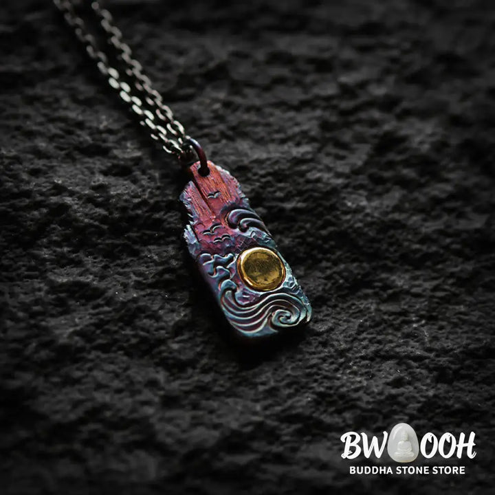 Buddha Stones 999 Sterling Silver 24k Gold Waves Sun Balance Necklace Pendant - BWOOOH - Necklaces &amp; Pendants