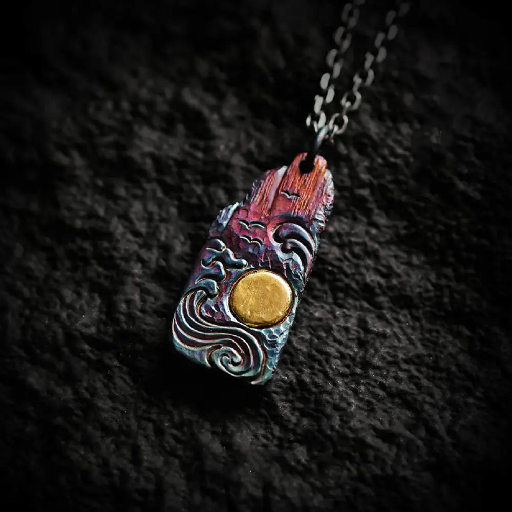 Buddha Stones 999 Sterling Silver 24k Gold Waves Sun Balance Necklace Pendant - BWOOOH - 999 Sterling Silver & Titanium