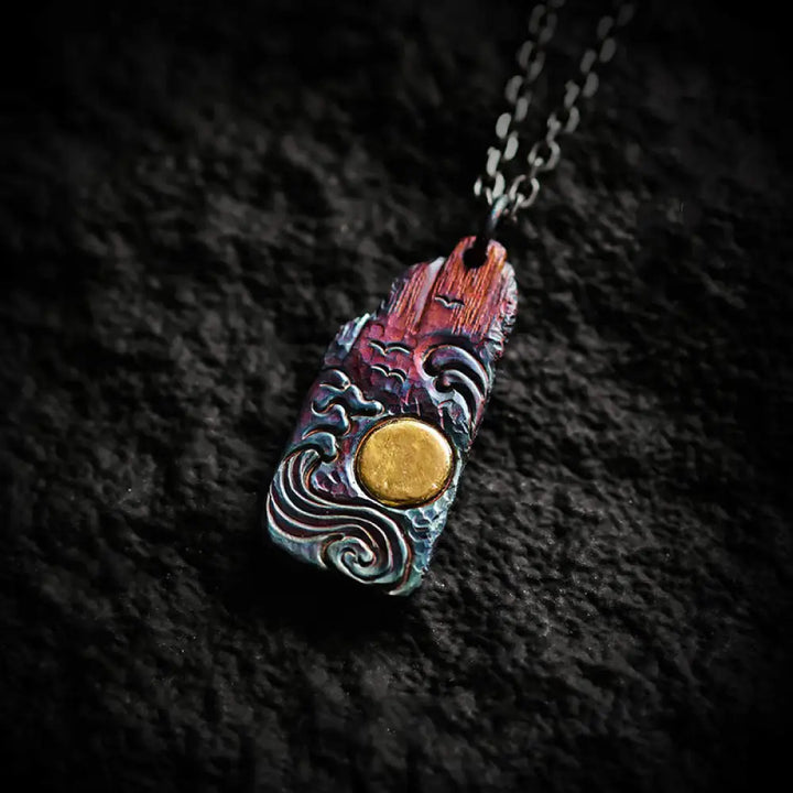 Buddha Stones 999 Sterling Silver 24k Gold Waves Sun Balance Necklace Pendant - BWOOOH - 999 Sterling Silver &amp; Titanium
