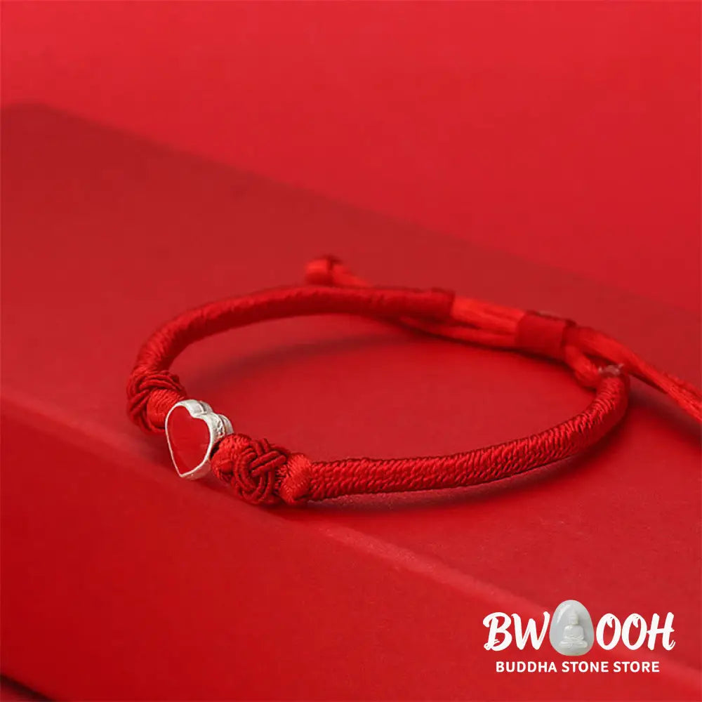Buddha Stones 999 Sterling Silver 3D Heart Design Red String Connection Bracelet - Bracelet