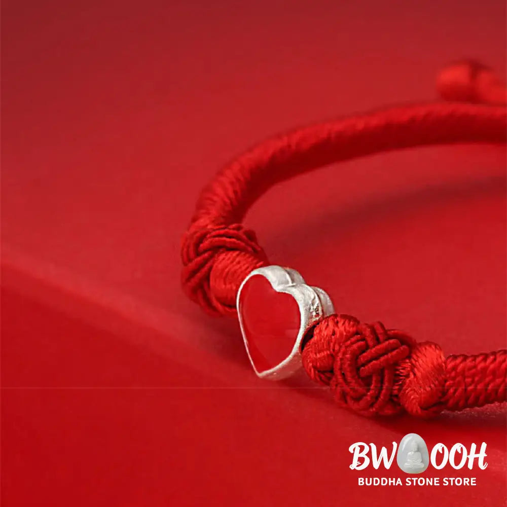 Buddha Stones 999 Sterling Silver 3D Heart Design Red String Connection Bracelet - Bracelet