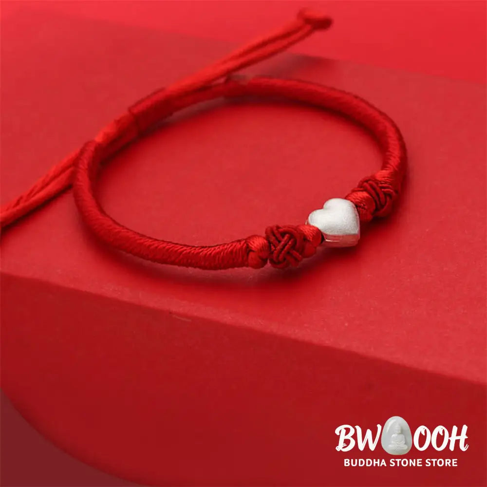 Buddha Stones 999 Sterling Silver 3D Heart Design Red String Connection Bracelet - Bracelet