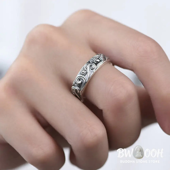 Buddha Stones 999 Sterling Silver Auspicious Clouds Engraved Blessing Adjustable Ring - BWOOOH - Ring
