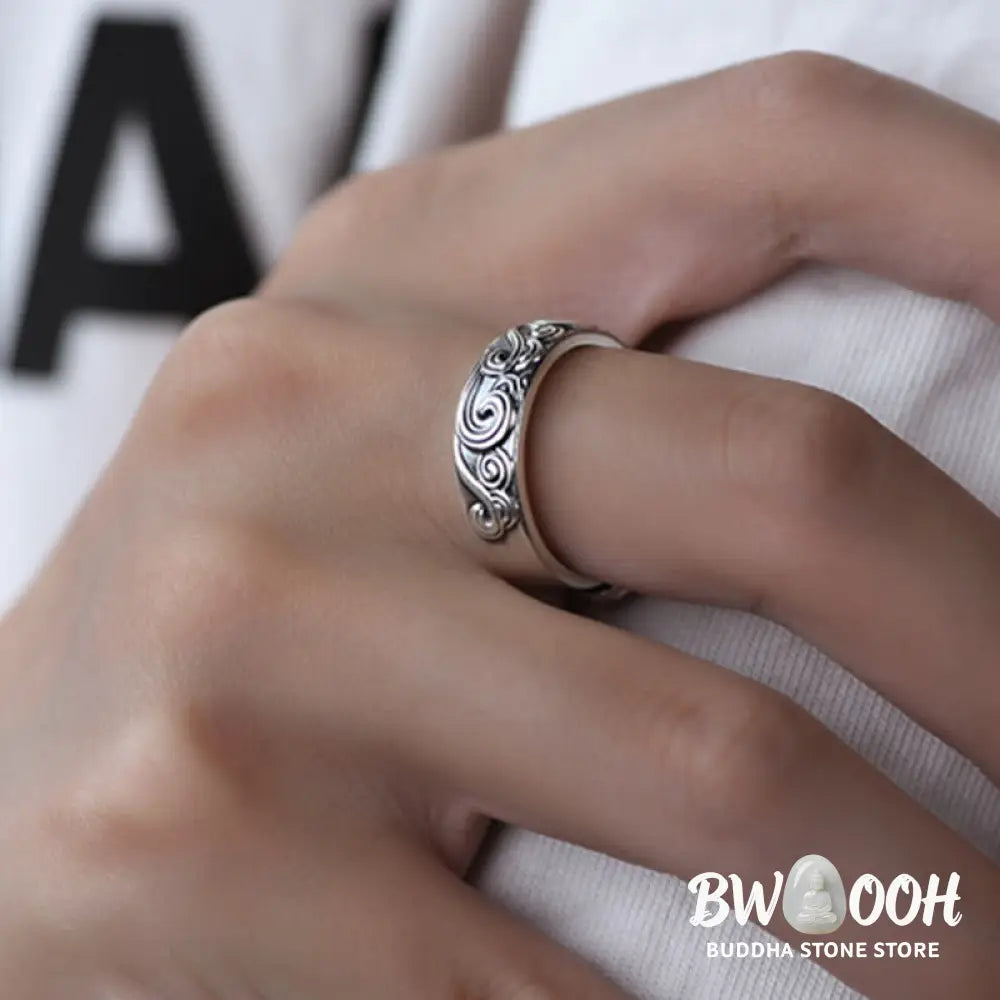Buddha Stones 999 Sterling Silver Auspicious Clouds Engraved Blessing Adjustable Ring - BWOOOH - Ring