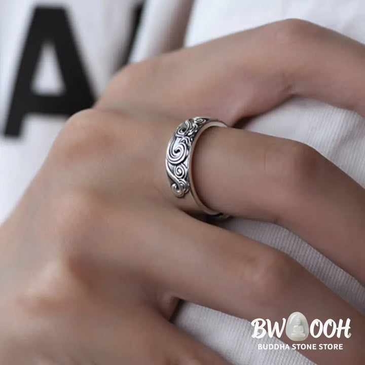 Buddha Stones 999 Sterling Silver Auspicious Clouds Engraved Blessing Adjustable Ring - BWOOOH - Ring
