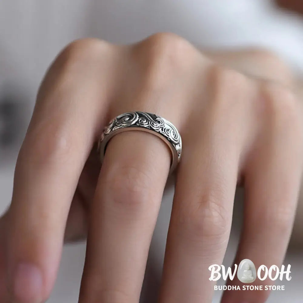 Buddha Stones 999 Sterling Silver Auspicious Clouds Engraved Blessing Adjustable Ring - BWOOOH - Ring