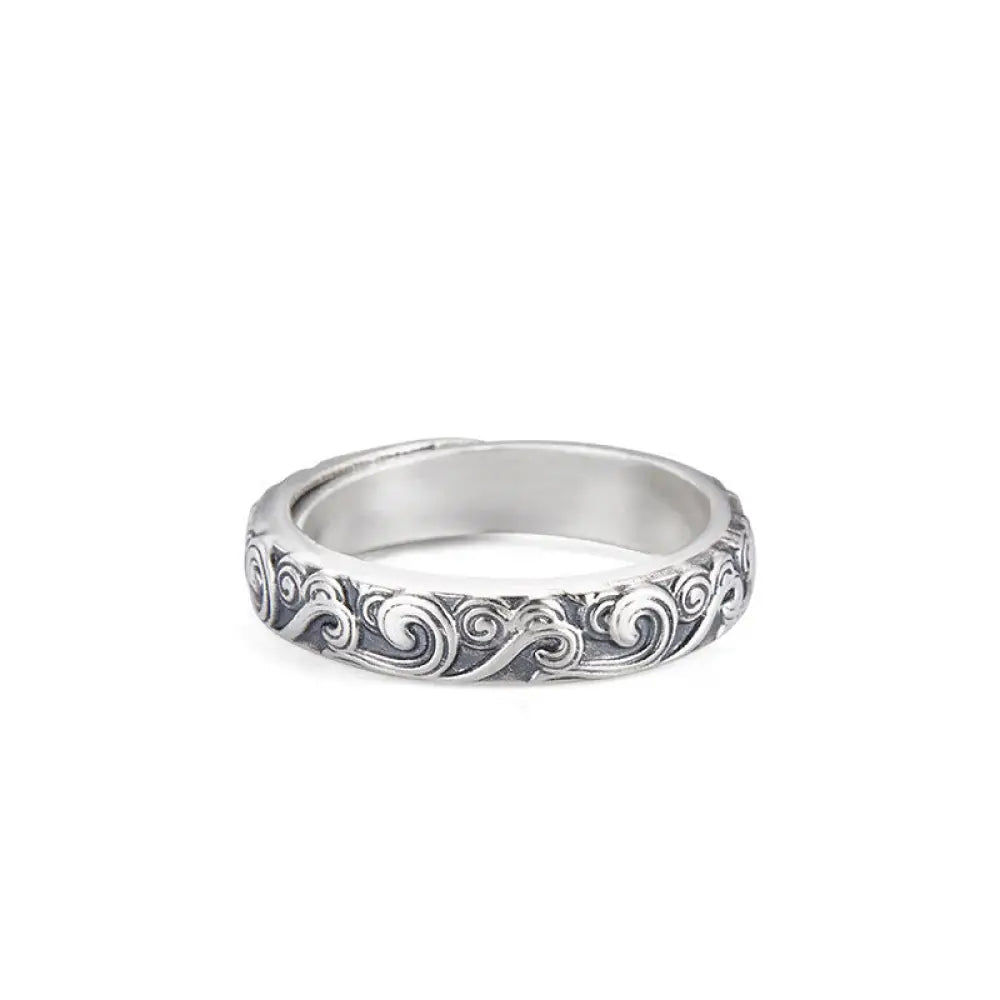 Buddha Stones 999 Sterling Silver Auspicious Clouds Engraved Blessing Adjustable Ring - BWOOOH - Auspicious Clouds