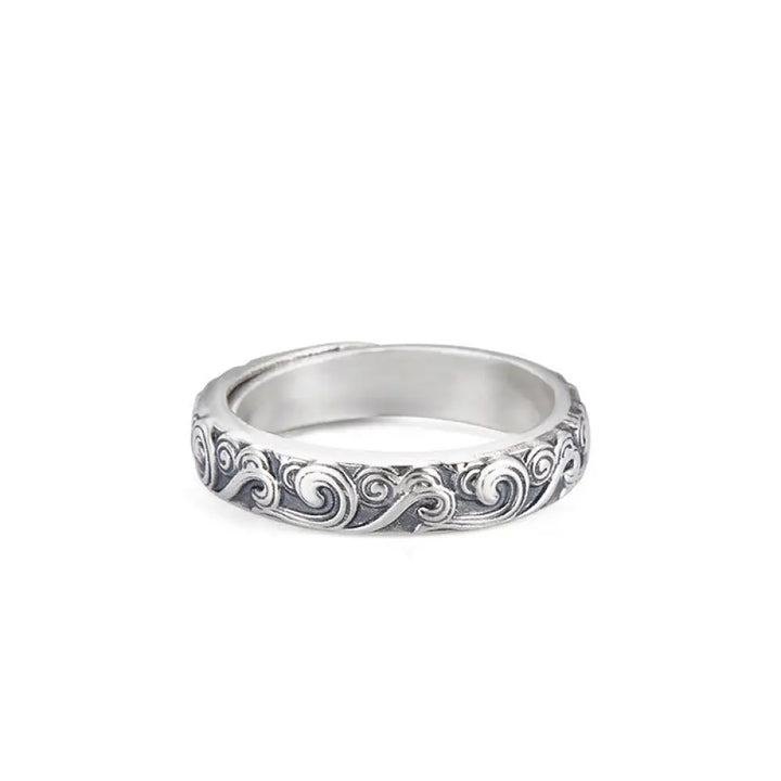Buddha Stones 999 Sterling Silver Auspicious Clouds Engraved Blessing Adjustable Ring - BWOOOH - Auspicious Clouds