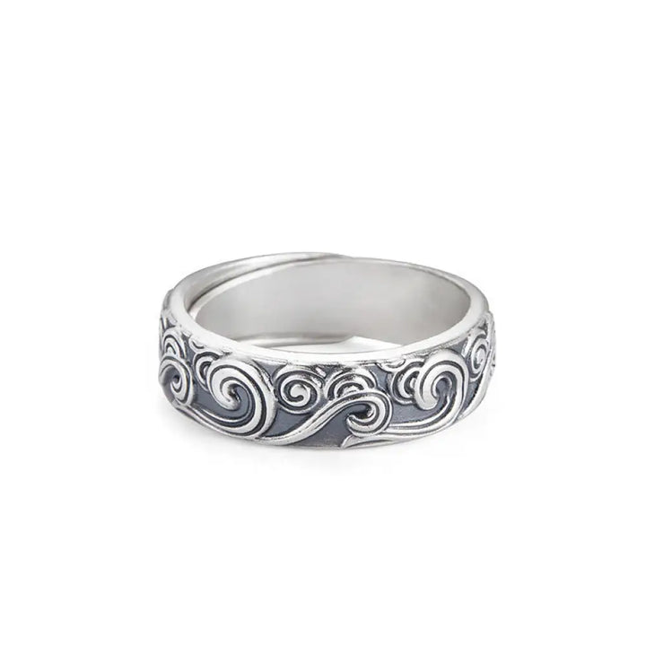 Buddha Stones 999 Sterling Silver Auspicious Clouds Engraved Blessing Adjustable Ring - BWOOOH - Auspicious Clouds