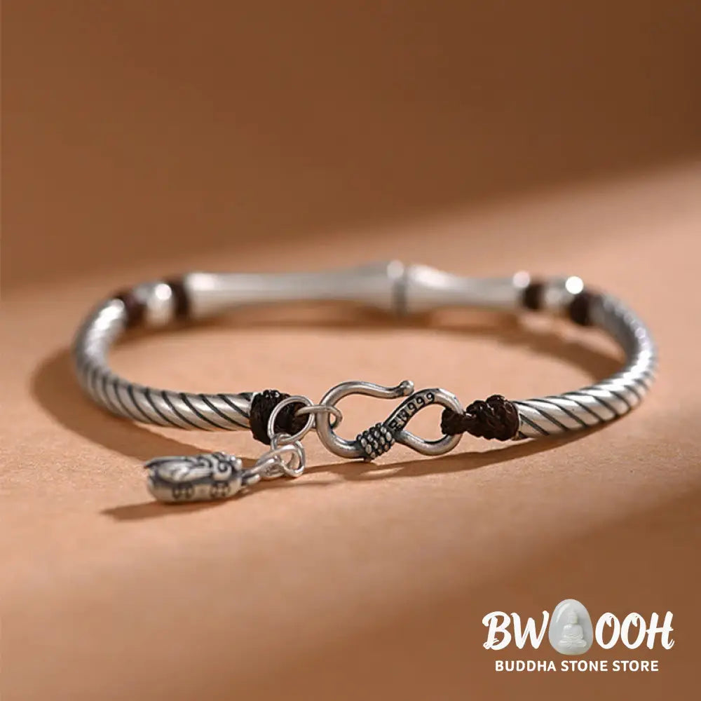 Buddha Stones 999 Sterling Silver Bamboo Pattern Cicada Luck Wealth Bracelet - BWOOOH - 999 Sterling Silver - Bracelet