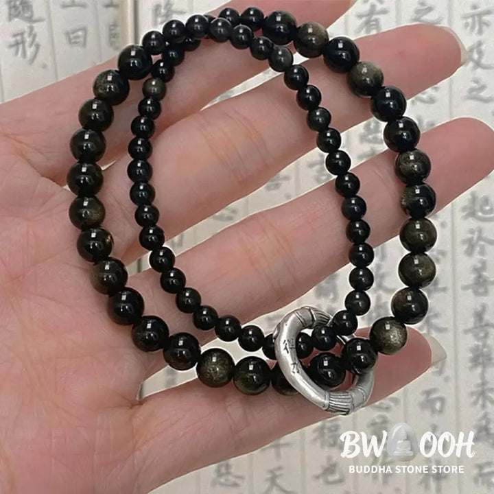 Buddha Stones 999 Sterling Silver Black Obsidian Fulfillment Strength Double Layer Bracelet - BWOOOH - Black