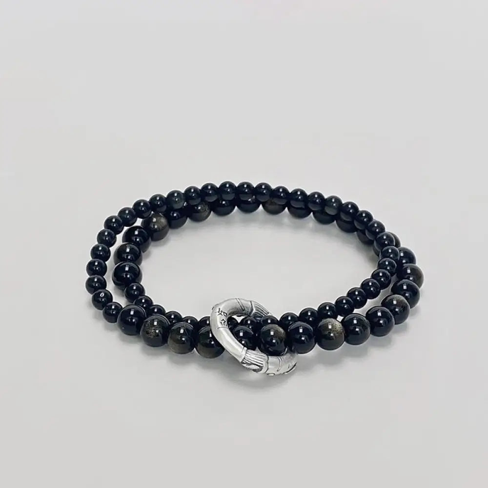 BWOOOH 999 Sterling Silver Black Obsidian Fulfillment Strength Double Layer Bracelet - BWOOOH - Black