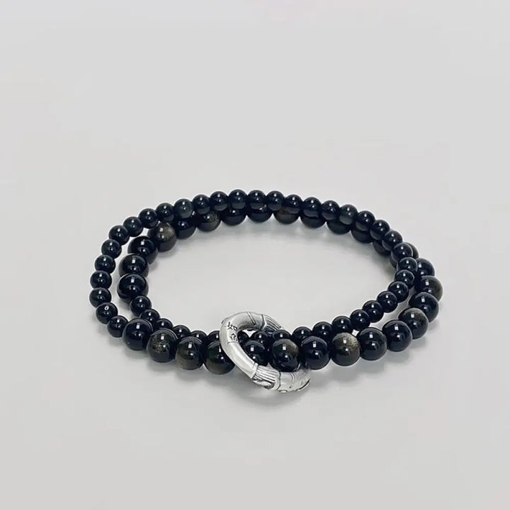 BWOOOH 999 Sterling Silver Black Obsidian Fulfillment Strength Double Layer Bracelet - BWOOOH - Black