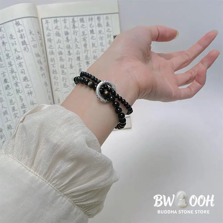 Buddha Stones 999 Sterling Silver Black Obsidian Fulfillment Strength Double Layer Bracelet - BWOOOH - Black