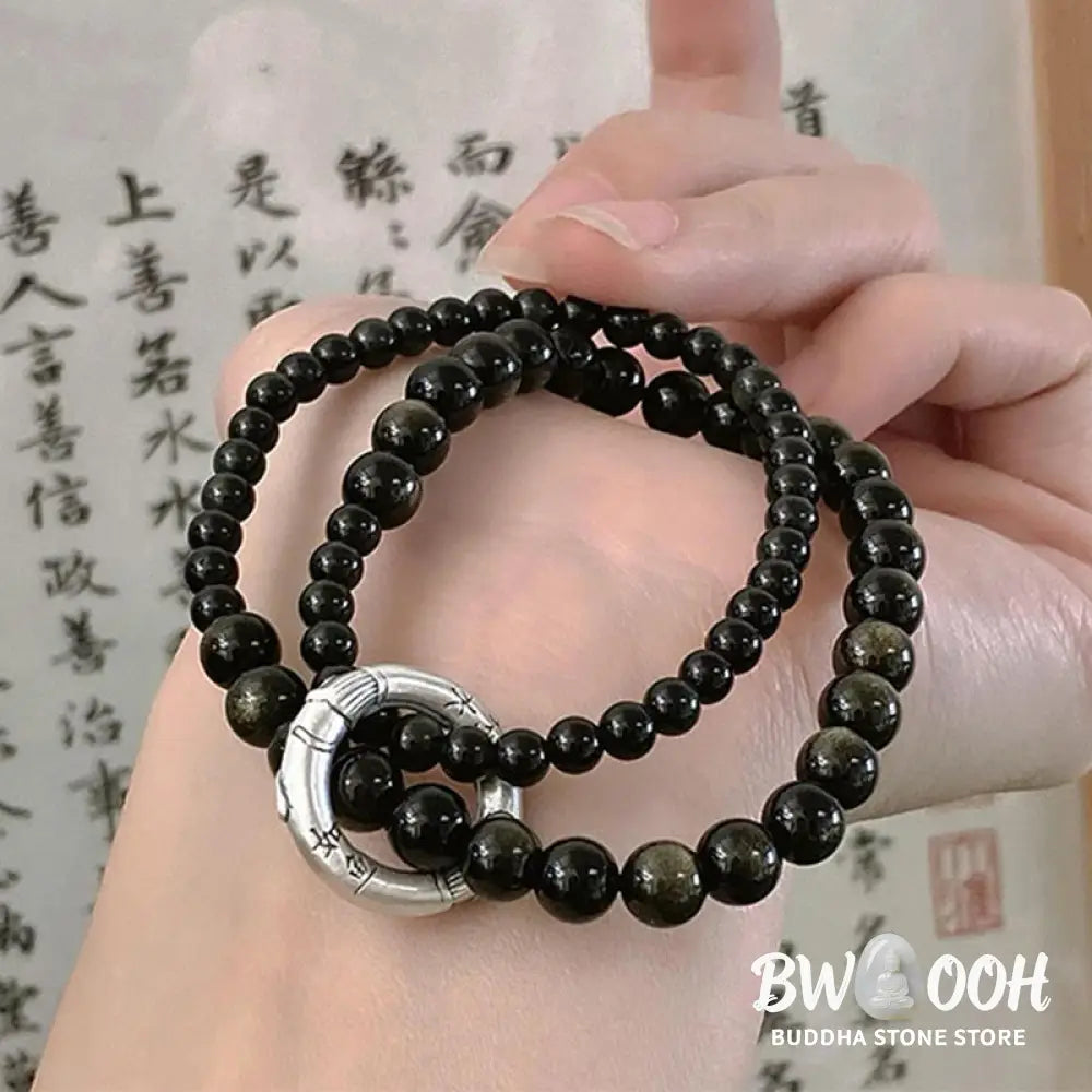 Buddha Stones 999 Sterling Silver Black Obsidian Fulfillment Strength Double Layer Bracelet - BWOOOH - Black