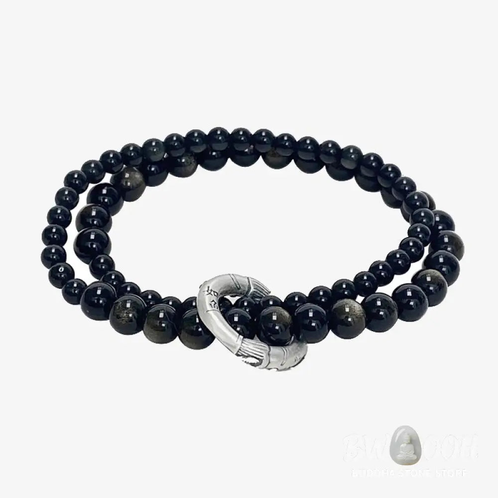 Buddha Stones 999 Sterling Silver Black Obsidian Fulfillment Strength Double Layer Bracelet - BWOOOH - Black