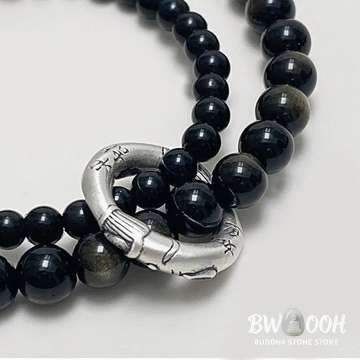Buddha Stones 999 Sterling Silver Black Obsidian Fulfillment Strength Double Layer Bracelet - BWOOOH - Black