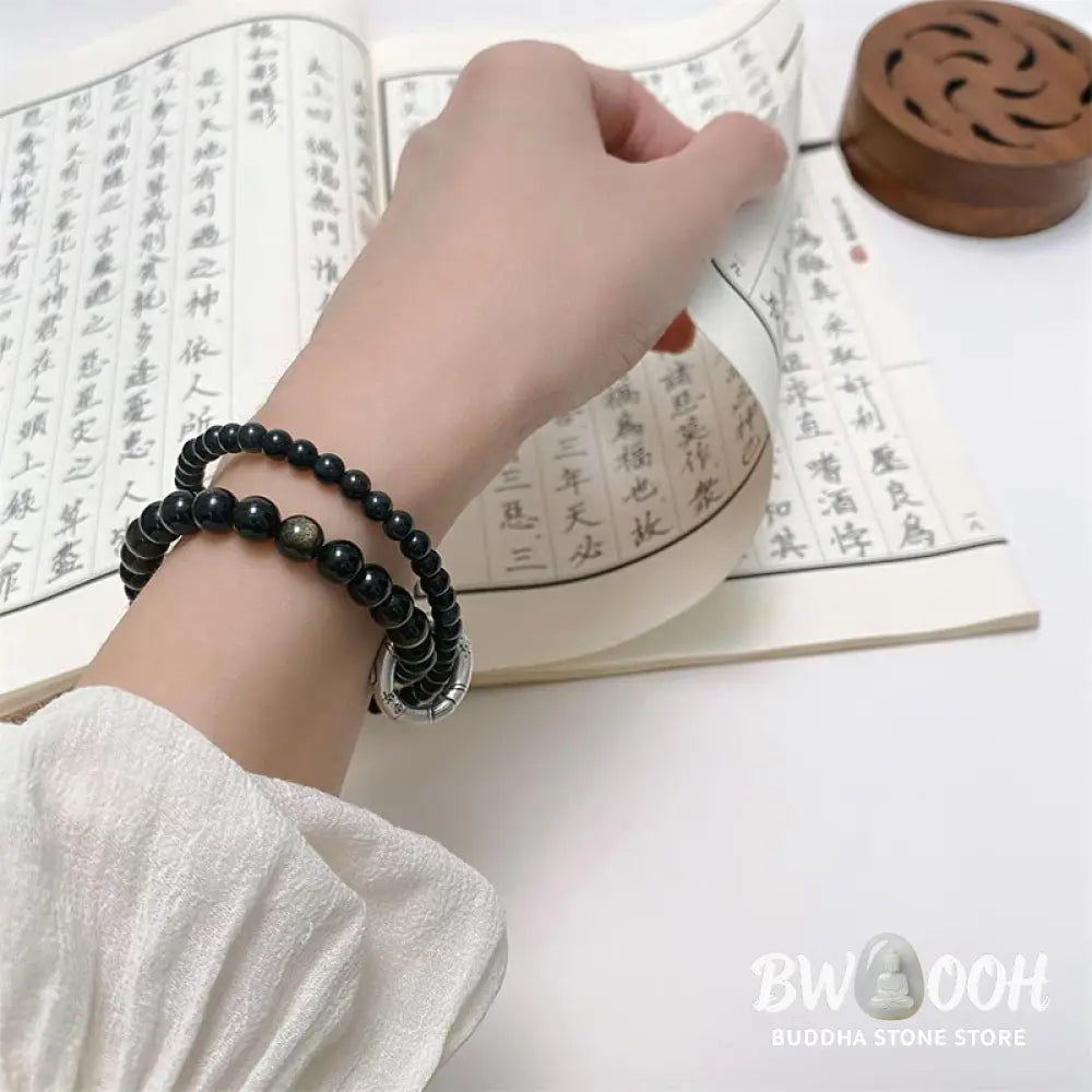 Buddha Stones 999 Sterling Silver Black Obsidian Fulfillment Strength Double Layer Bracelet - BWOOOH - Black