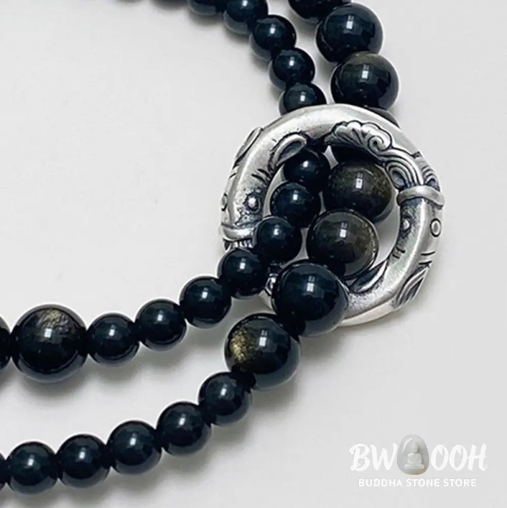 Buddha Stones 999 Sterling Silver Black Obsidian Fulfillment Strength Double Layer Bracelet - BWOOOH - Black