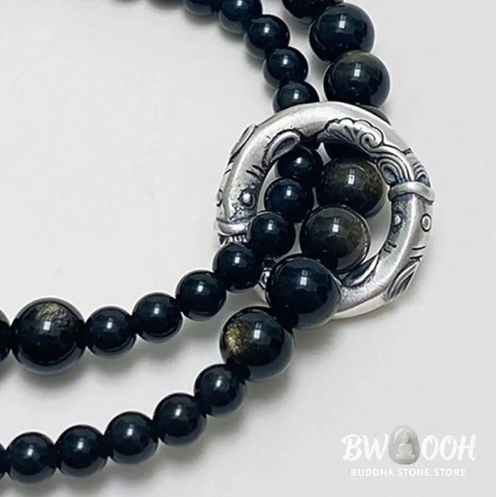 Buddha Stones 999 Sterling Silver Black Obsidian Fulfillment Strength Double Layer Bracelet - BWOOOH - Black