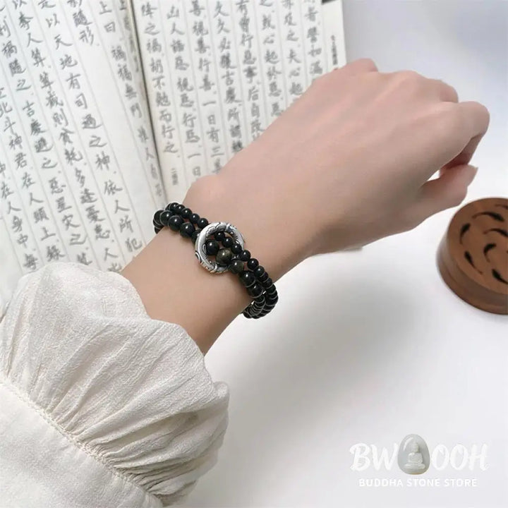 Buddha Stones 999 Sterling Silver Black Obsidian Fulfillment Strength Double Layer Bracelet - BWOOOH - Black