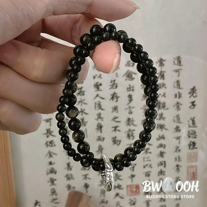 Buddha Stones 999 Sterling Silver Black Obsidian Fulfillment Strength Double Layer Bracelet - BWOOOH - Black