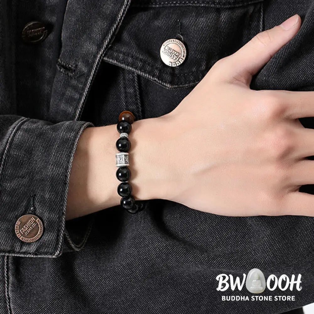 BWOOOH 999 Sterling Silver Black Obsidian Tiger Eye Om Mani Padme Hum Fulfillment Bracelet - Black