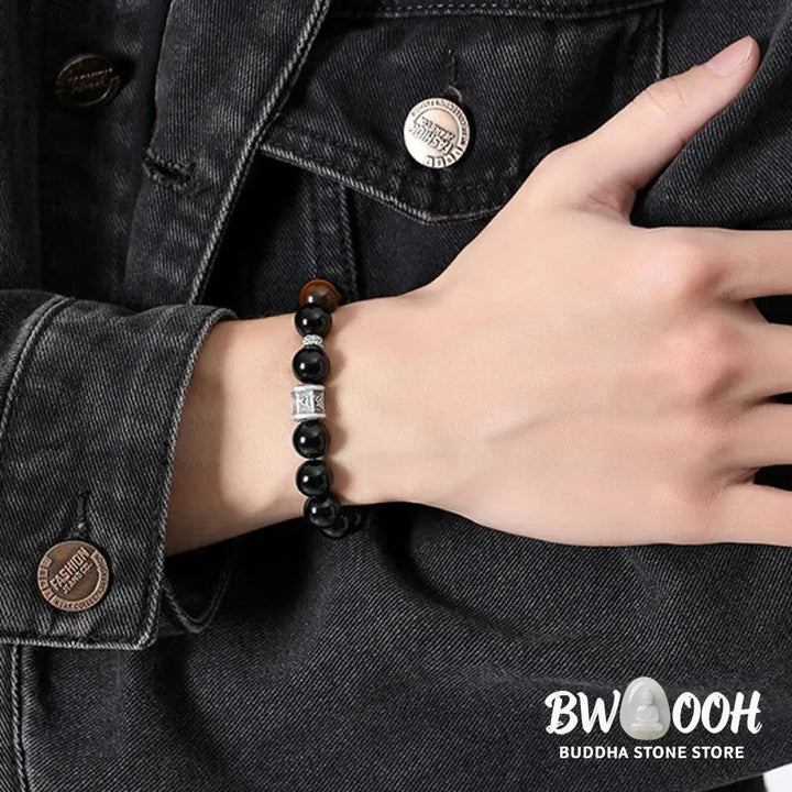 BWOOOH 999 Sterling Silver Black Obsidian Tiger Eye Om Mani Padme Hum Fulfillment Bracelet - Black