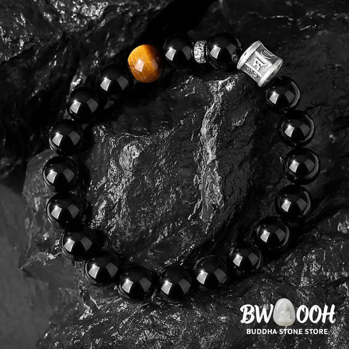 BWOOOH 999 Sterling Silver Black Obsidian Tiger Eye Om Mani Padme Hum Fulfillment Bracelet - Black